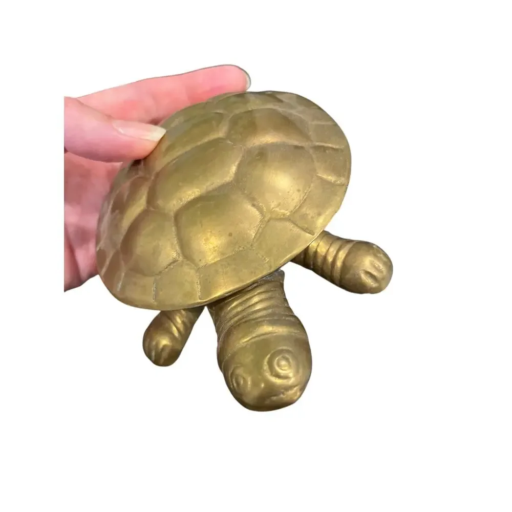 Vintage Brass Turtle Trinket Box Hinged Tortoise Figurine Mid Century 6 inches